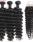 deep wave natural black human hair bundles with 4x4 closured human hair weave