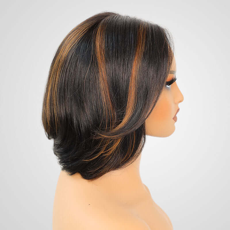 flattering swoopy layered bob wigs with brown highlights for a sleek look