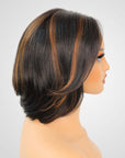 flattering swoopy layered bob wigs with brown highlights for a sleek look