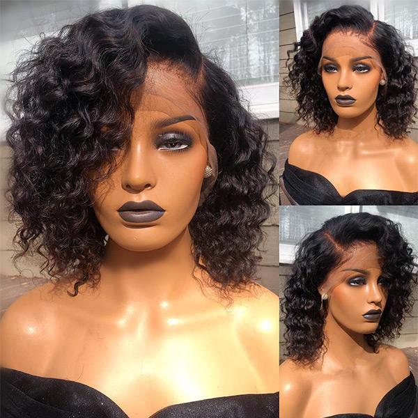 natural black short bob wigs, T part lace water wave bob wigs for soft, voluminous curls