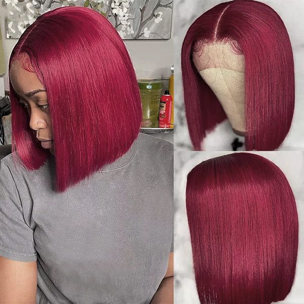 sleek burgundy human hair bob wigs with t lace