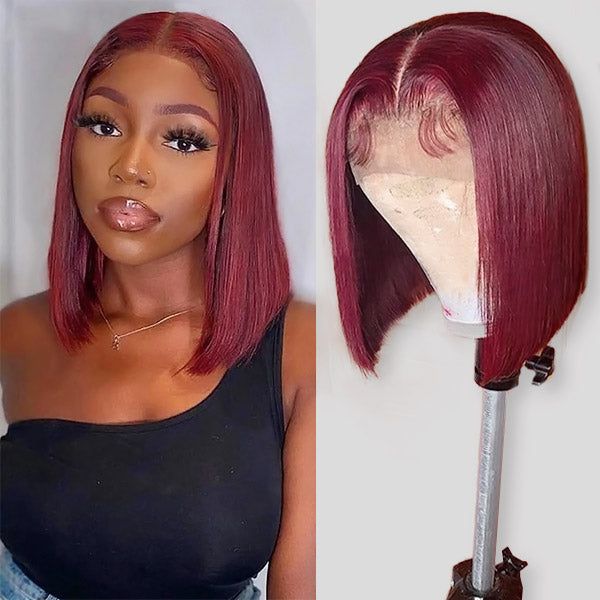 sleek 99J burgundy short bob wig, straight human hair bob wigs for Black women