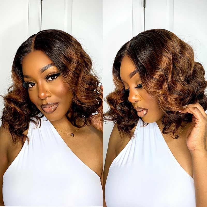 chic ombre brown loose wave bob wigs, 13x4x1 lace T part glueless short bob wig
