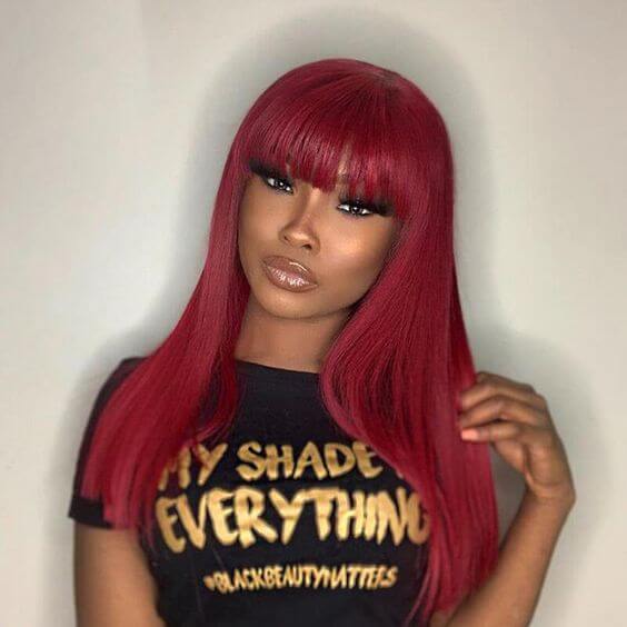 qvr wigs burgundy straight machine made wig with bangs