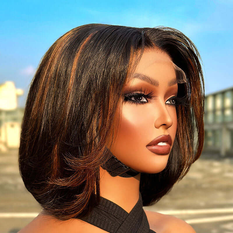 stylish stacked bob wig with swoopy layers and rich brown highlights