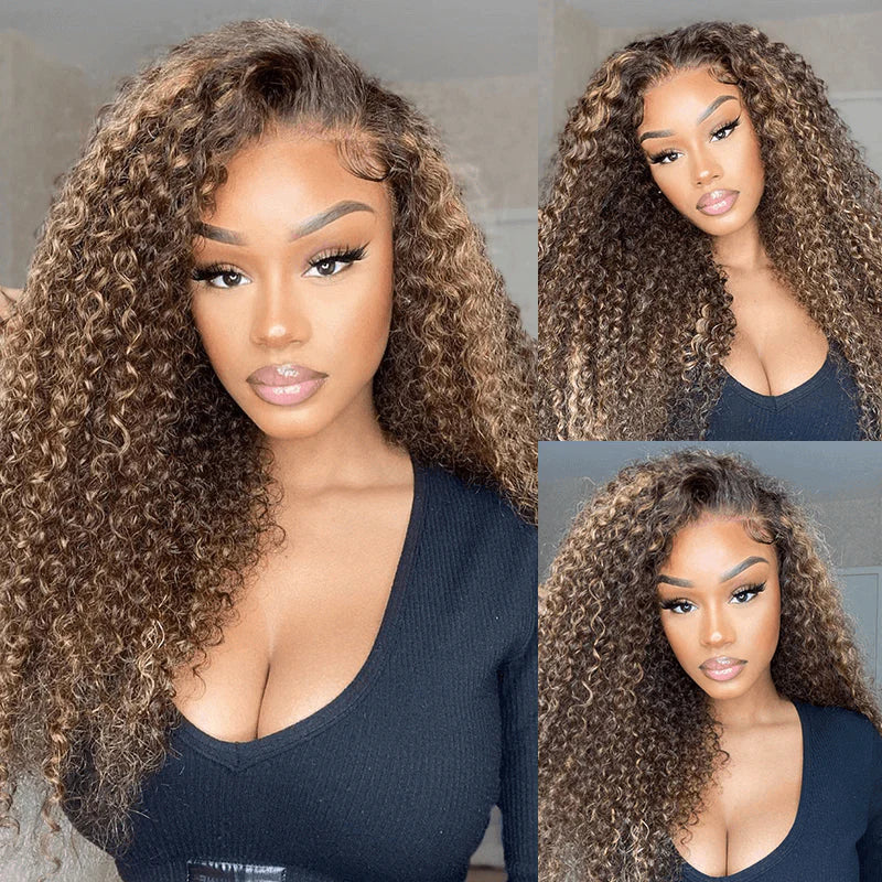 natural-looking kinky curly wear and go wig with bold piano highlights