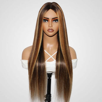 P1B/30/27 colored silky straight v part human hair wig on wig stand front view