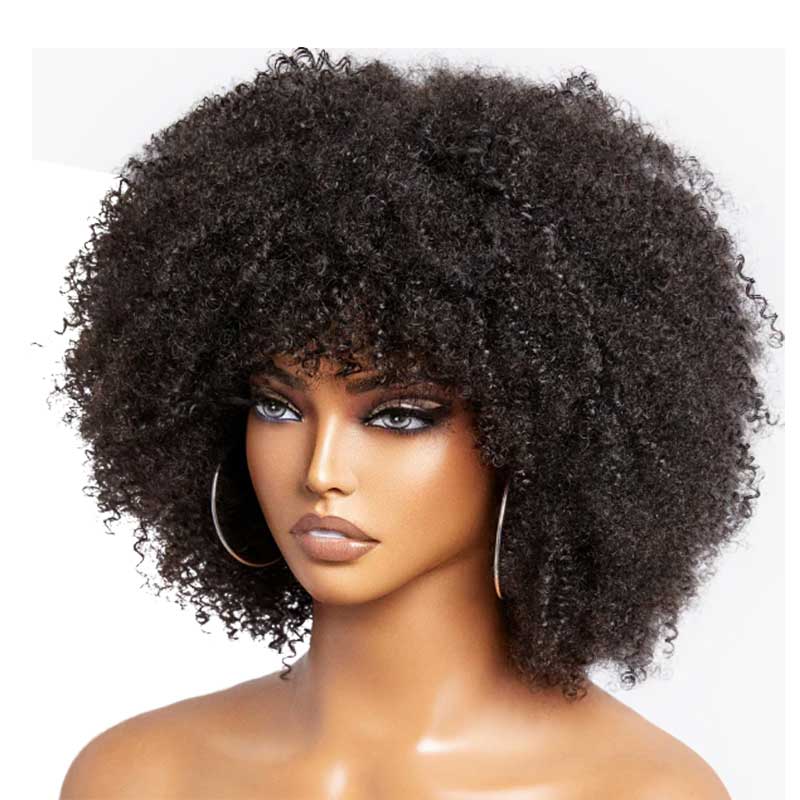 qvr glueless lace wigs, afro curls with a chic, bang style.