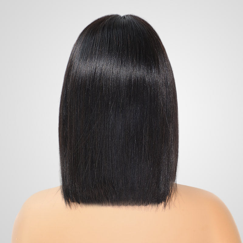 QVR Silk Straight black bob wig: easy-to-wear human hair with bangs