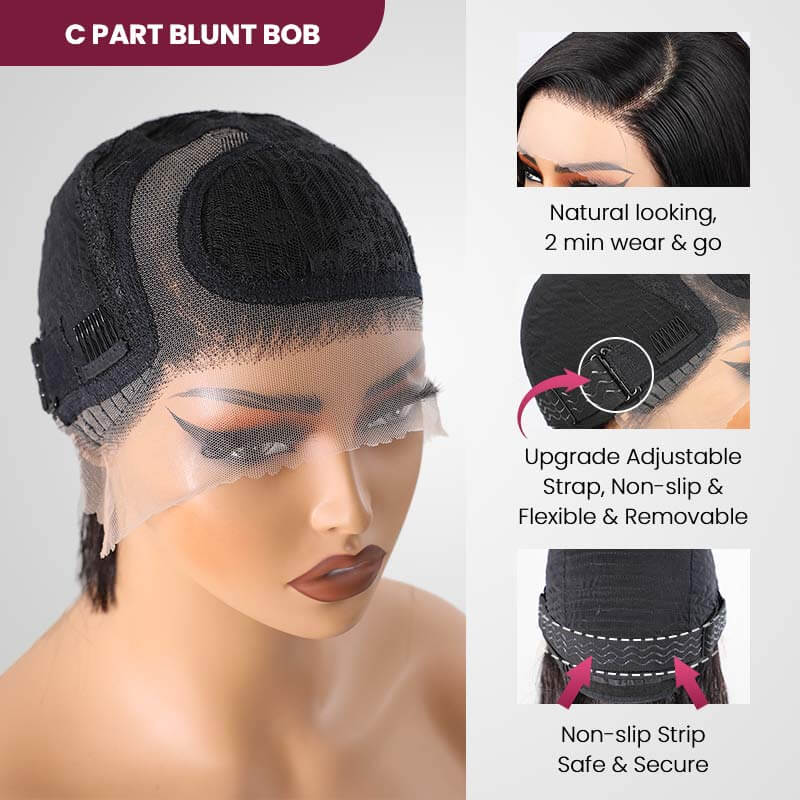 QVR Skunk Stripe Blonde Highlight Short Bob Wig Sliced Cut Straight Human Hair