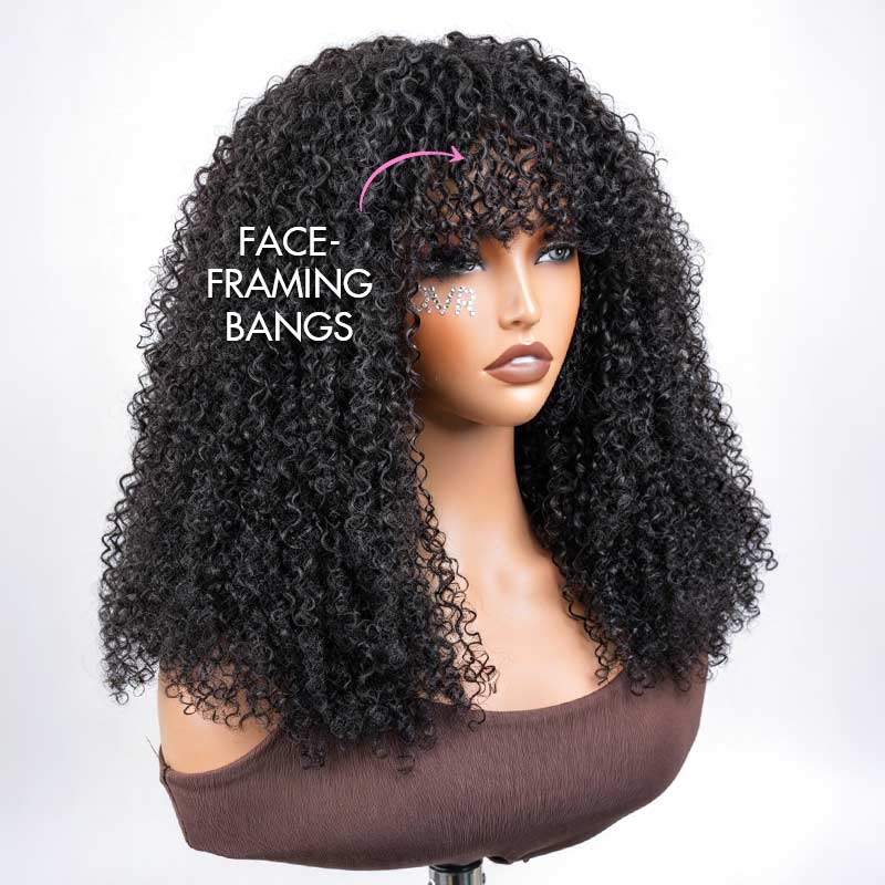 QVR Glueless Afro Curly Wig with Bangs High Density Fluffy Curly Human Hair for Black Women