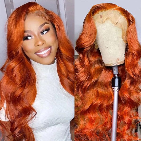 straight glueless lace wigs in vibrant ginger orange color