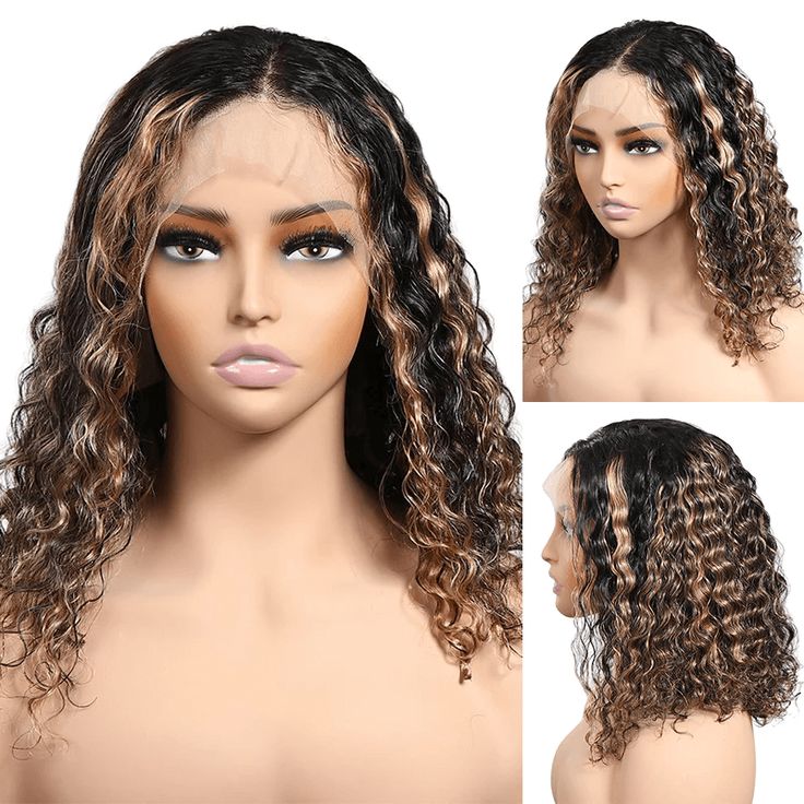 beautiful balayage highlight bob wigs, water wave 13x4 lace frontal human hair bob wigs for African American women