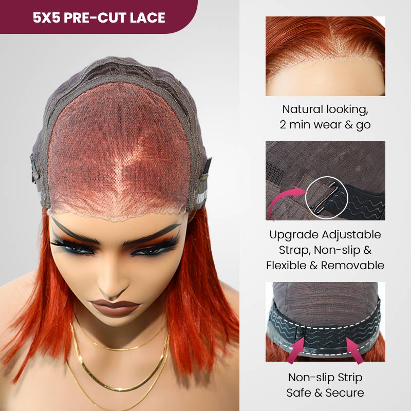QVR Dirty Oranage Color Short Bob Wigs 5x5 Pre-cut Lace Straight Human Hair Wigs