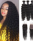 qvr deep wave natural black human hair bundles with 4x4 closured human hair weave