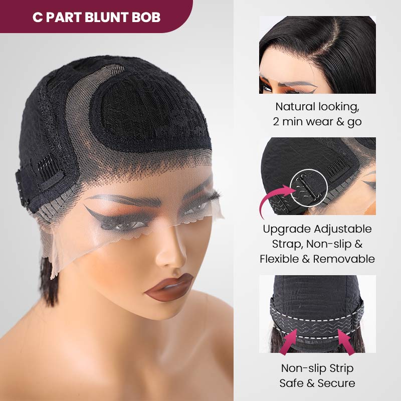 QVR Sliced Cut Straight Short Bob Wig Wide C Lace Natural Black Human Hair Wigs