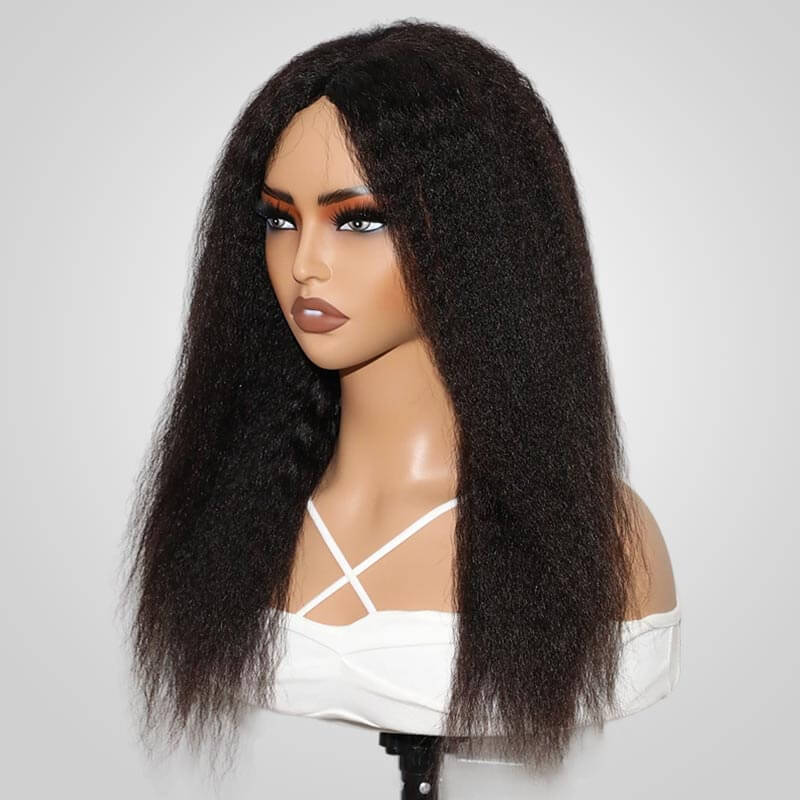 kinky straight v part wig human hair on wig stand side view