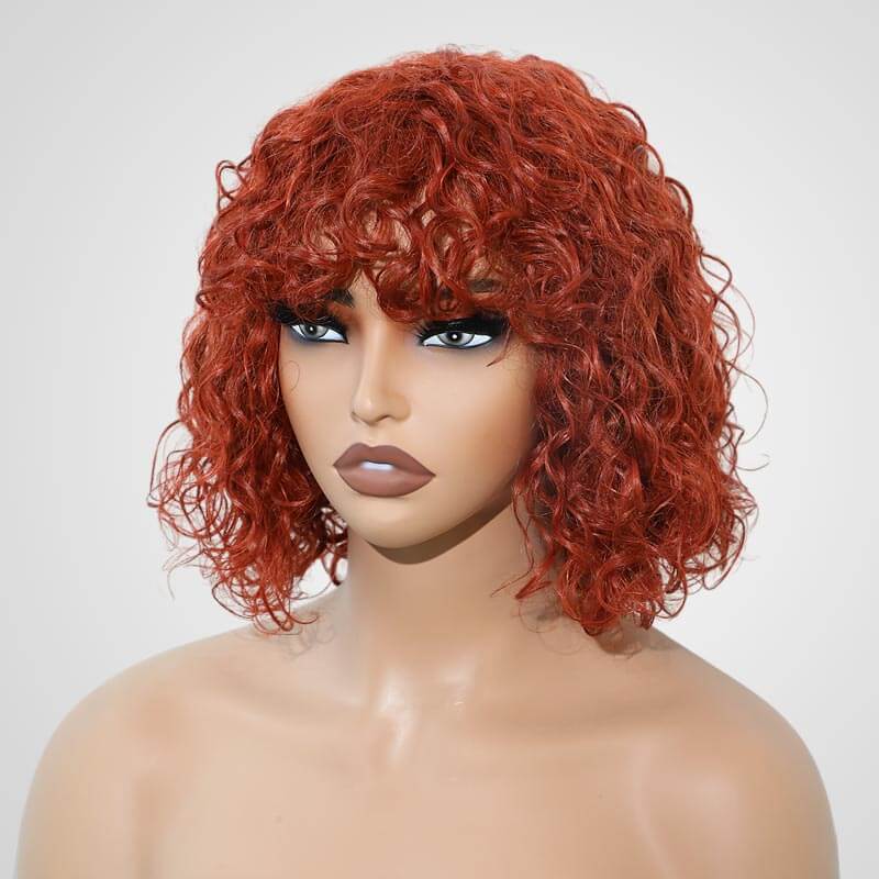 bold ginger short bob wigs with soft water wave and bangs