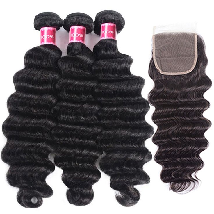 black loose deep wave human hair 3 bundles with remy hair weave with 4x4 lace closure