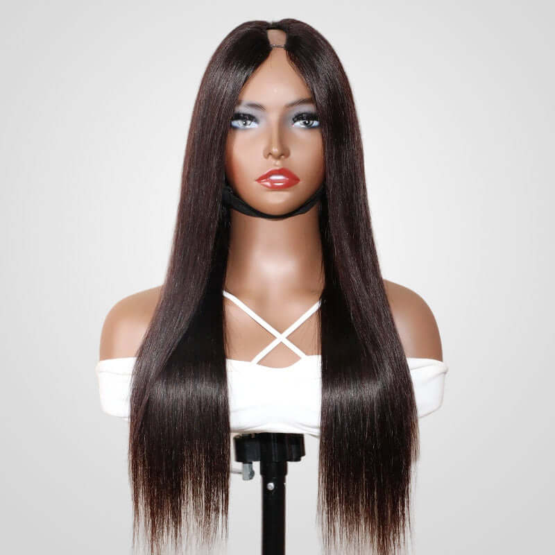 silky straight v part wigs on wig stand front view