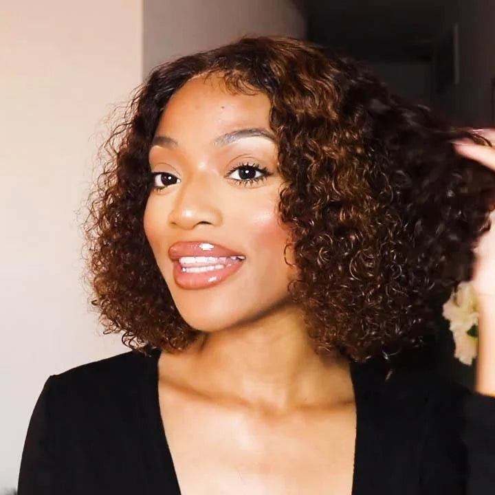 natural black women’s deep curly bob wigs, honey brown ombre human hair 4x4 lace closure bob wigs