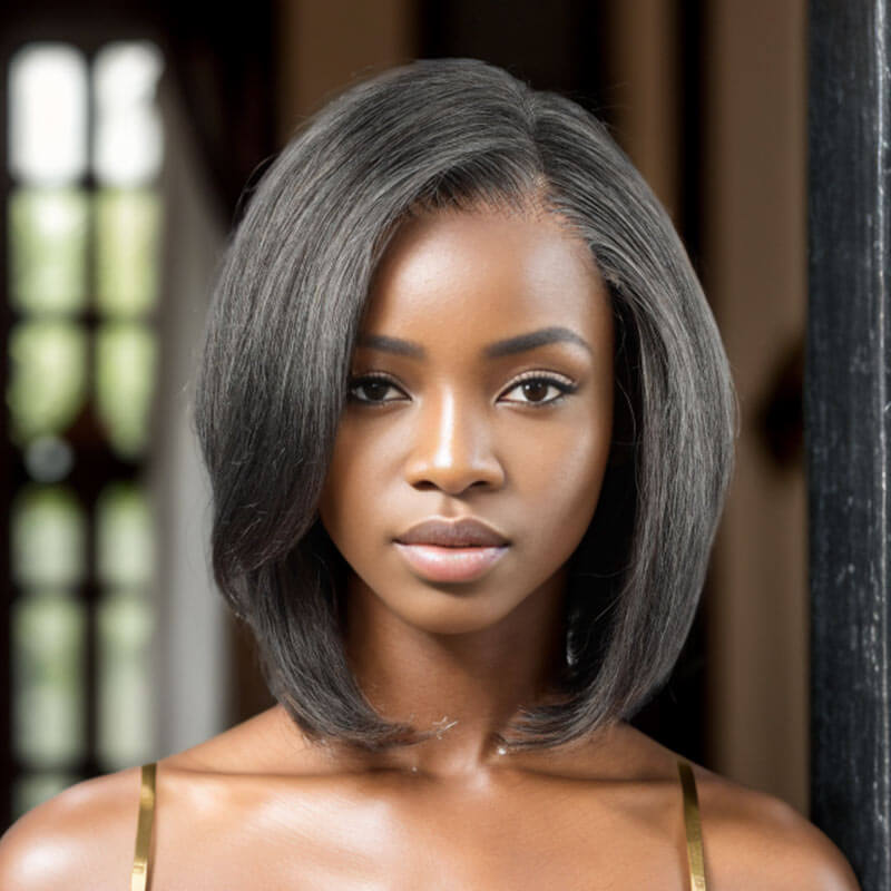 elegant salt and pepper short bob wigs with natural gray blend