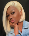 trendy blonde short bob wigs, 180% lace front straight human hair bob wigs for african american women