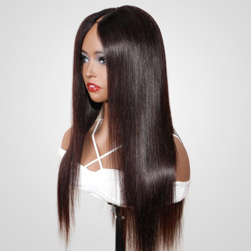 silky straight v part wigs on wig stand side view