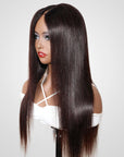 silky straight v part wigs on wig stand side view