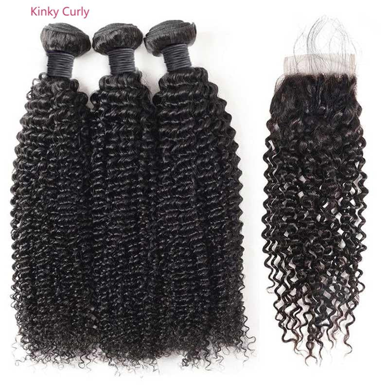 kinky curly natural black human hair bundles with 4x4 closured human hair weave