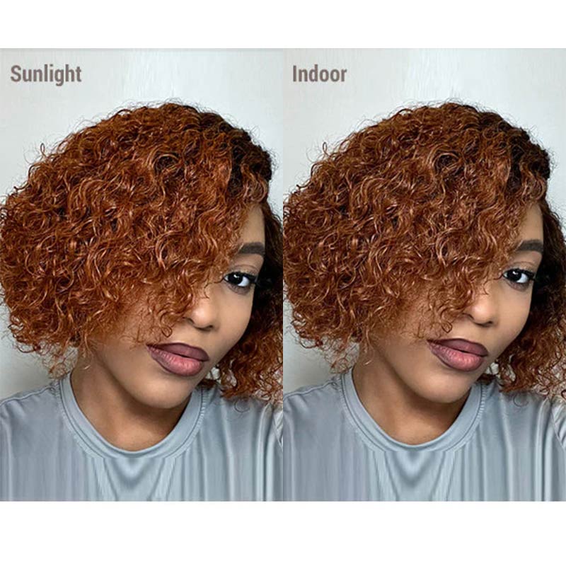easy to wear short bob wigs, glueless curly human hair wigs with mix brown highlights