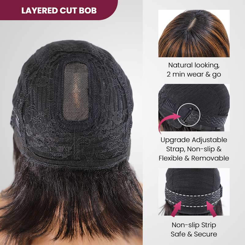 QVR Minimum Lace Highlight Brown Straight Short Bob Wig 1B/30 Layer Cut With Bangs