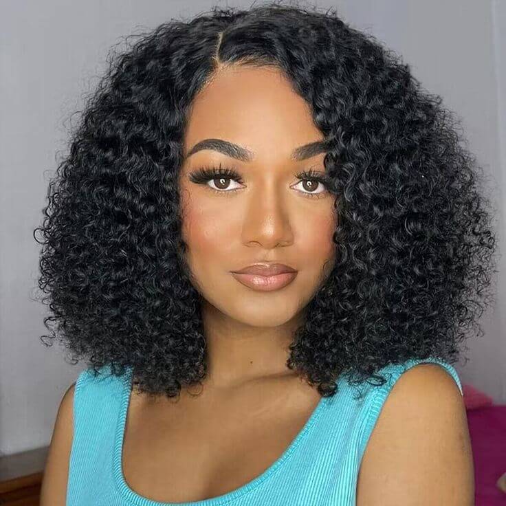 full and vibrant natural black kinky curly bob wig with virgin human hair and 13x4 lace