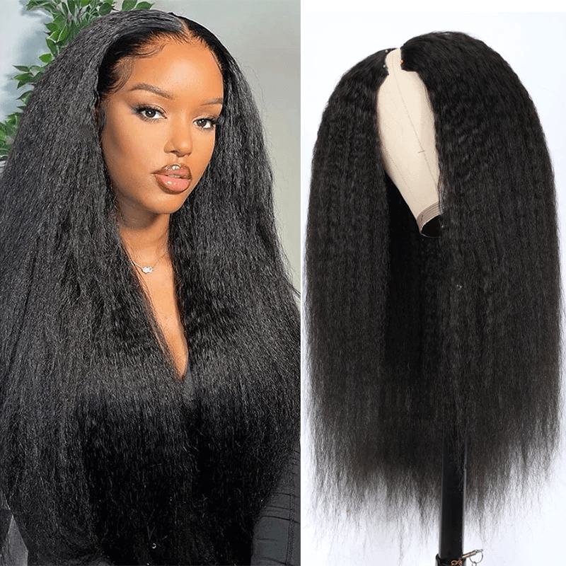 qvr kinky straight natural black v part human hair wigs glueless no leave out
