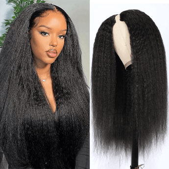 qvr kinky straight natural black v part human hair wigs glueless no leave out