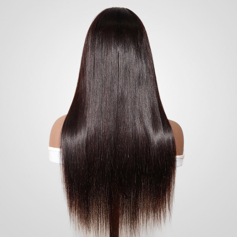 silky straight v part wigs on wig stand back view