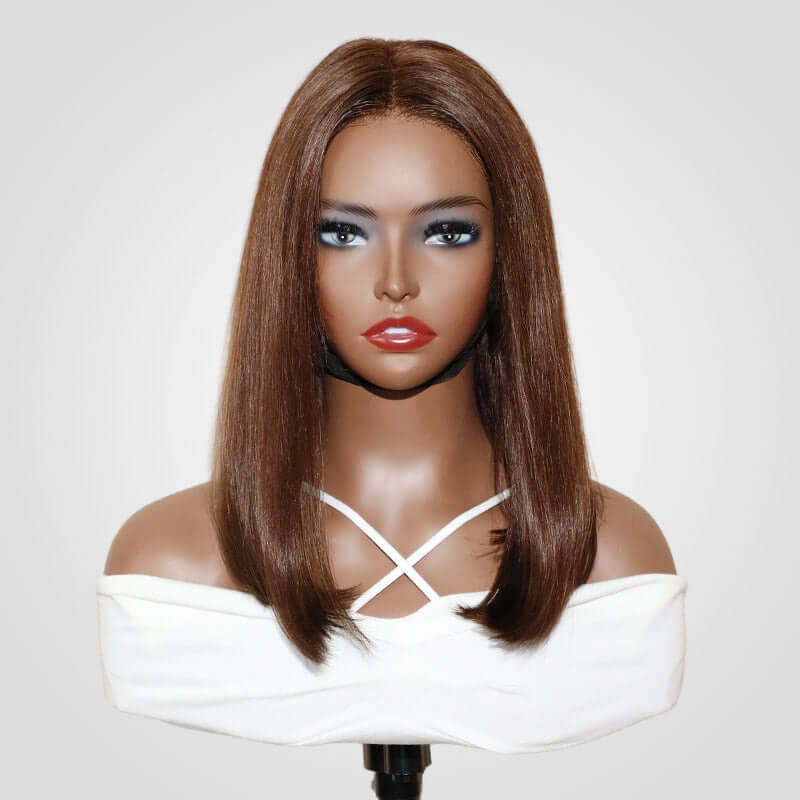 chic short bob wig with natural parting, dark brown #4, made from high-quality human virgin hair