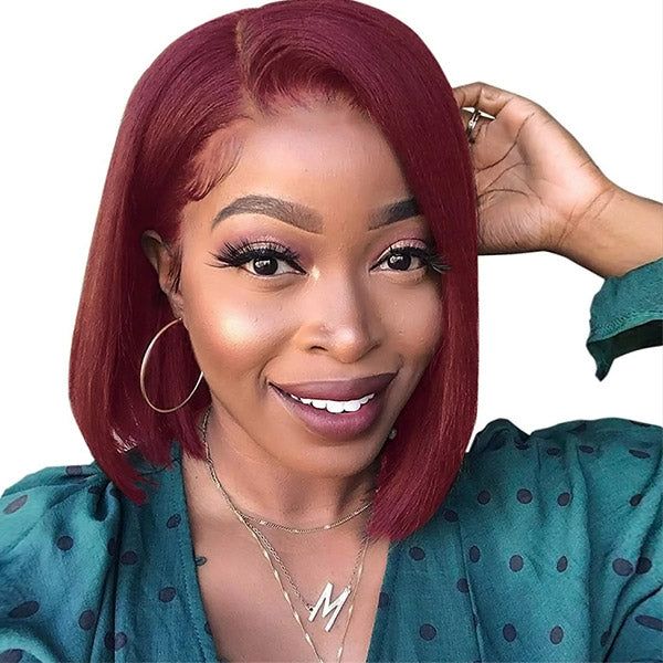 low-maintenance burgundy bob wig, short straight style for busy Black professionals