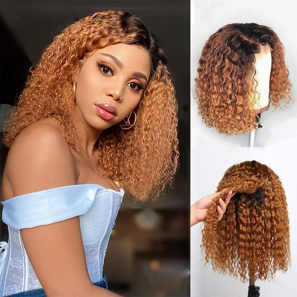 ombre 1B/30 curly short bob wigs, Brazilian human hair lace frontal bob wigs for Black women