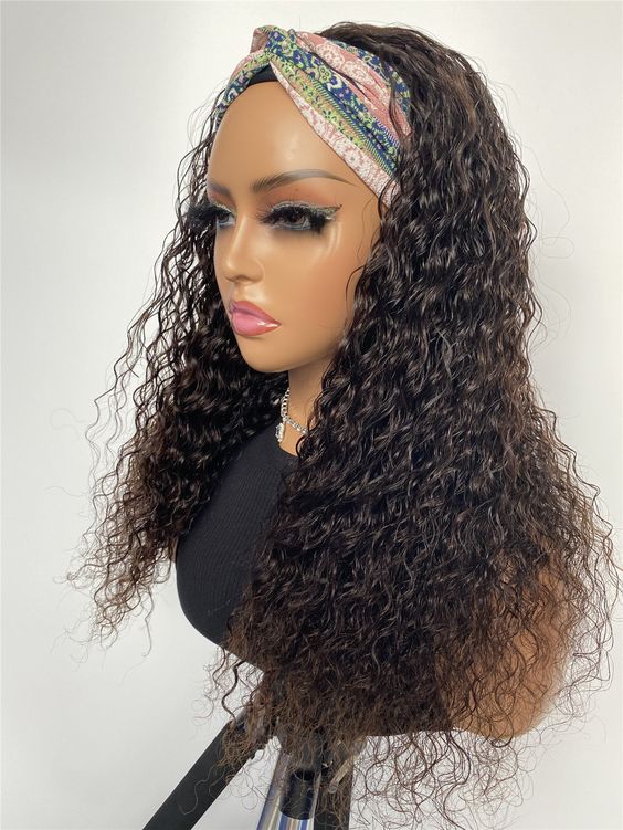 glueless headband wigs with full, bouncy curls that flatter melanin-rich complexions
