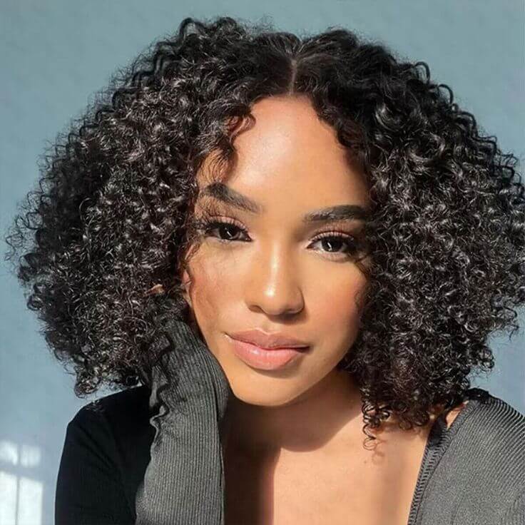 voluminous kinky curly bob wig with natural black color and 13x4 lace