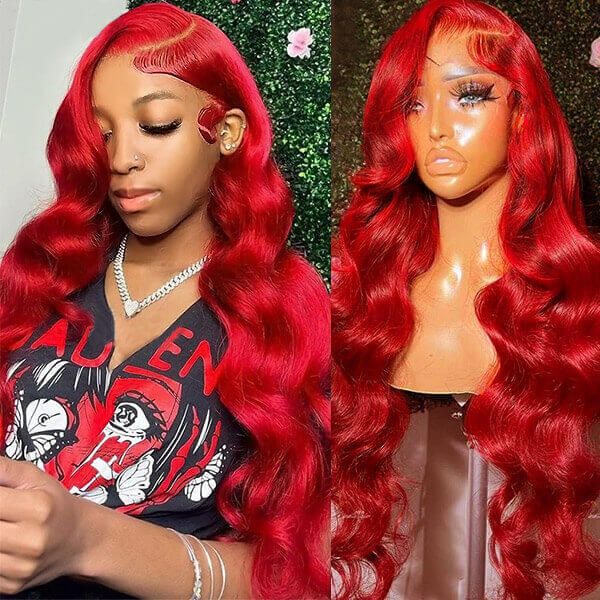 qvr wigs 32 inch body wave lace front, offering a flawless red look