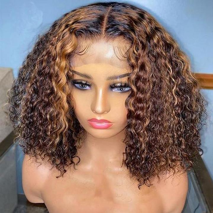 high-quality ombre curly bob wigs, honey brown 4x4 lace closure short bob wigs for Black women