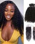 qvr kinky curly natural black human hair bundles with 4x4 closured human hair weave