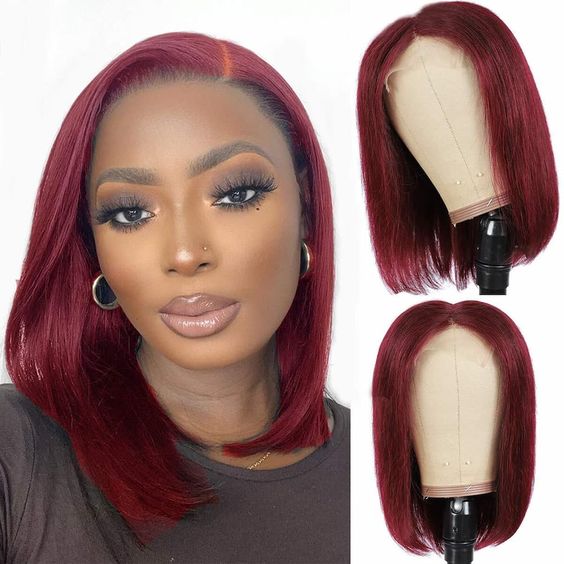 glueless 99J straight short bob wig, easy-install lace wig for Black women