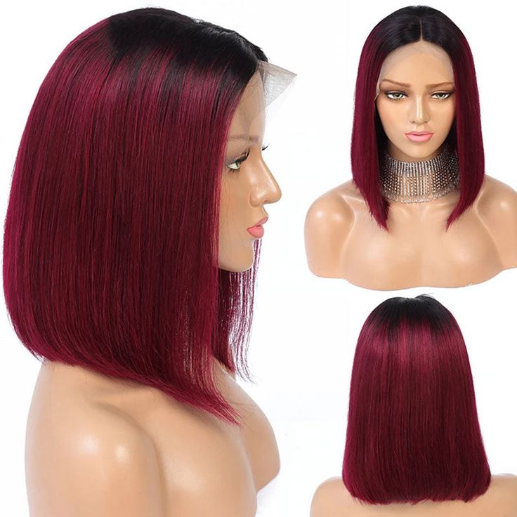 deep burgundy human hair bob wig with 1B roots, classy and chic short length
