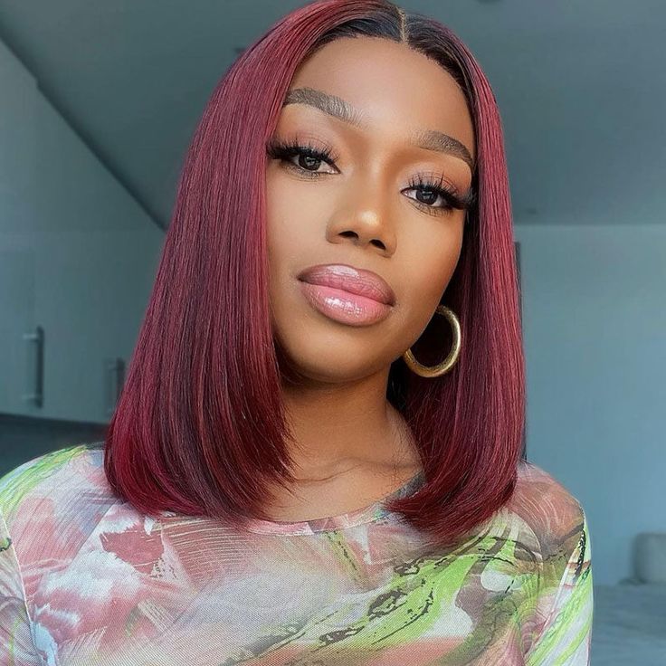 burgundy short bob wig with dark roots, sleek straight cut and natural lace parting