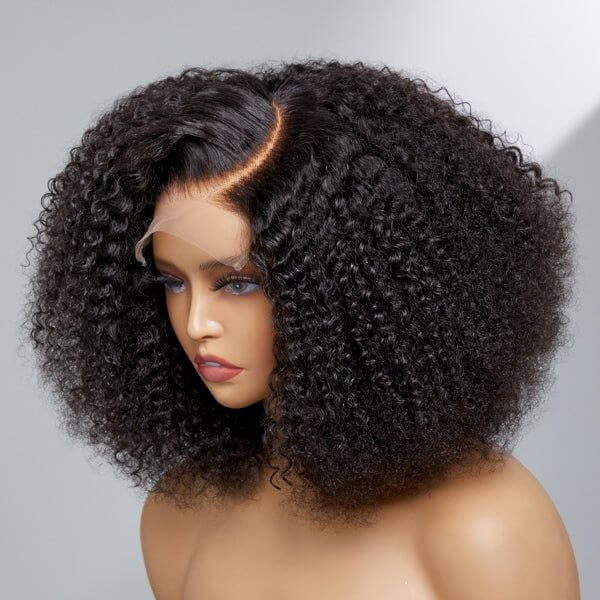 natural black short bob wig with bouncy kinky curls and 13x4 lace for a seamless fit