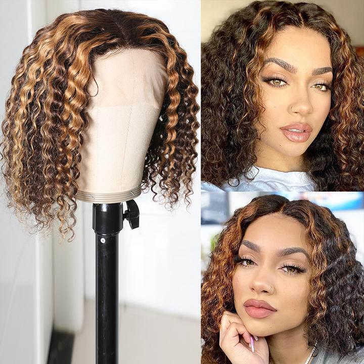 vibrant ombre honey brown curly bob wigs, short human hair lace closure wigs for African American hair