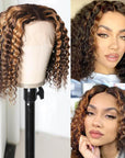 vibrant ombre honey brown curly bob wigs, short human hair lace closure wigs for African American hair